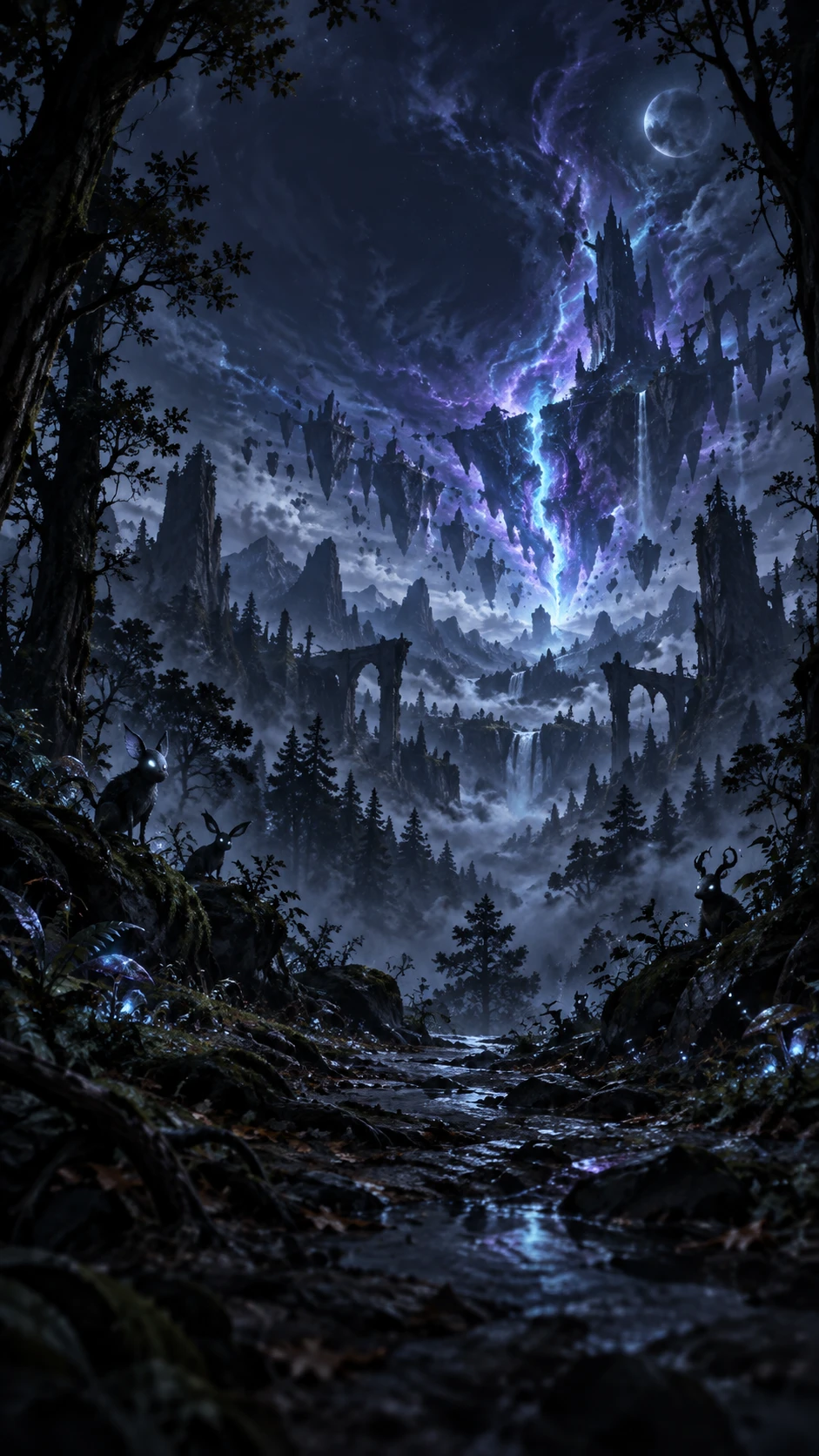 Atmosphärisches Riftwild-Weltartwork mit leuchtendem Riss und schwebenden Inseln.